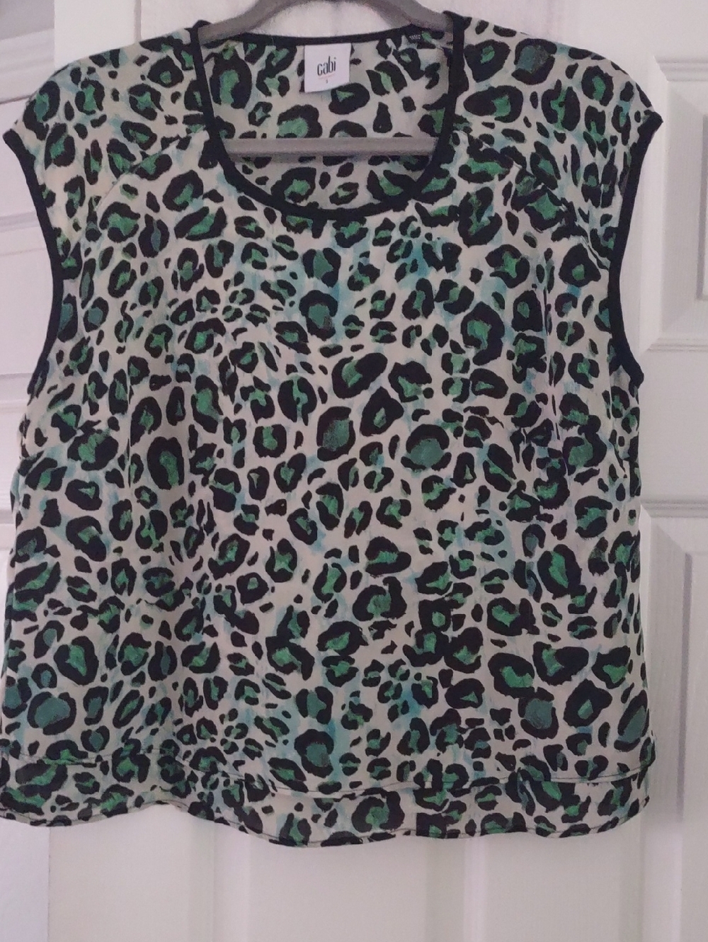 cabi Green Leopard Print Tank with Black Trim